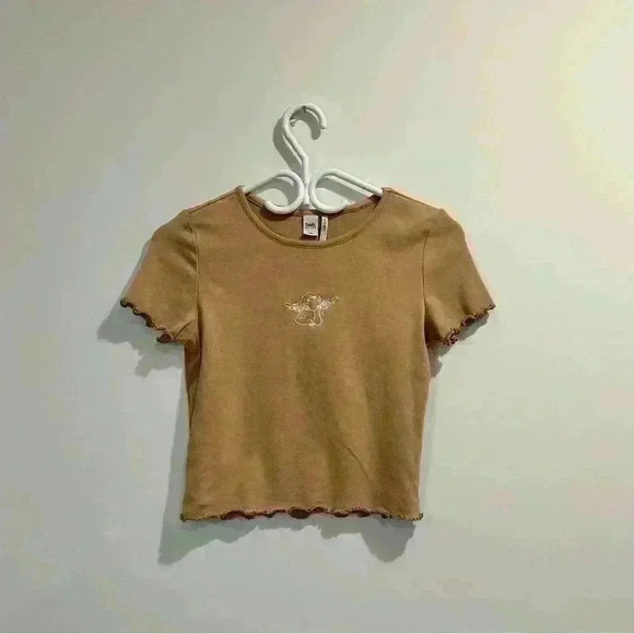 Simons Tops - Simons Twik | Y2K  tan angel baby tee with ruffles and angel wings womens small